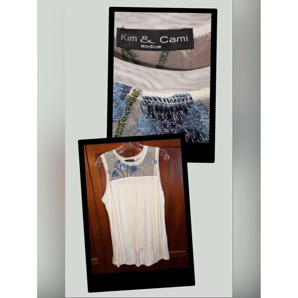 Kim & Cami White Tank Top with Blue Floral Embroidery #1241